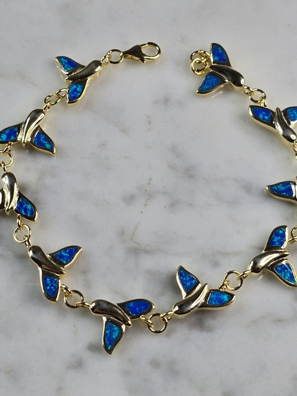 Womens Sterling Silver Gold Tone Blue Opal Whale Tail Ocean Bracelet 11.8g E4192